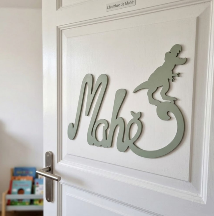 Nouvelle Plaque de Porte - Motif Dino - Couleur Gris Cendre