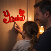 Plaque de Porte Personnalisée en Bois - Motif Cœur - Couleur Rouge