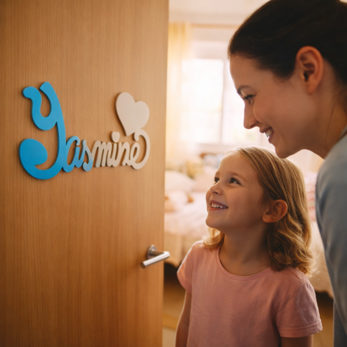 Plaque de Porte Personnalisée en Bois - Motif Cœur - Couleur Turquoise/Ecru