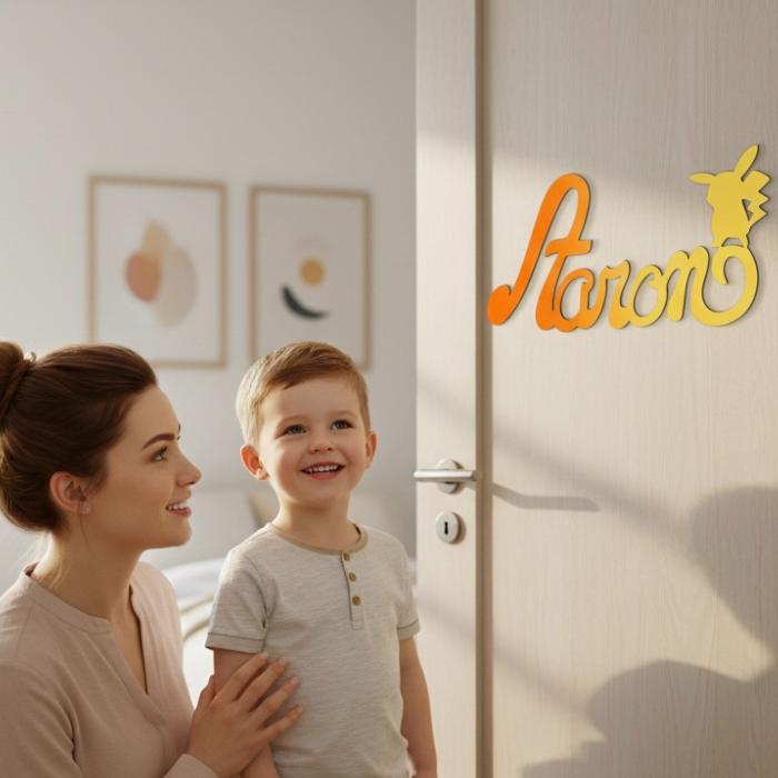 Plaque de Porte Personnalisée en Bois - Motif Pikachu - Couleur Orange/Jaune