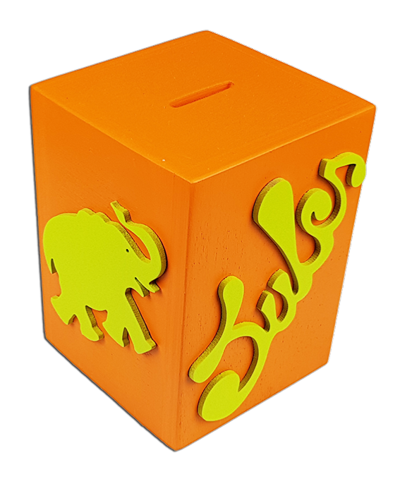 Tirelire personnalisée en bois avec motif couleur orange