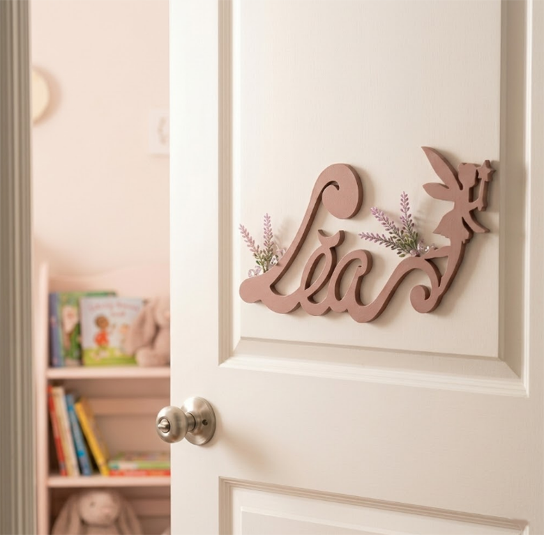 Nouvelle Plaque de Porte - Motif Fée - Couleur Rose Taupe