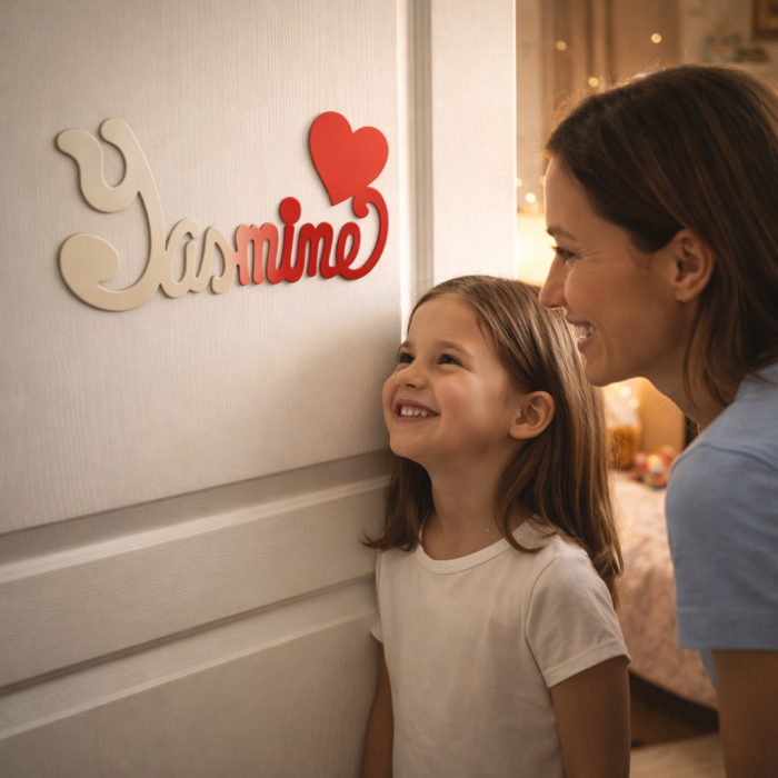 Plaque de Porte Personnalisée en Bois - Motif Cœur - Couleur Ecru/Rouge