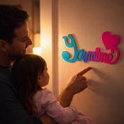 Plaque de Porte Personnalisée en Bois - Motif Cœur - Couleur Turquoise/Framboise