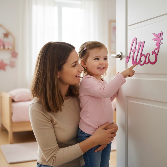 Plaque de Porte - Motif Fée - Couleur Framboise