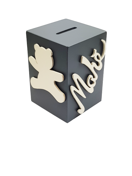 Tirelire en Bois pour Garçon - Motif Ourson - Couleur Anthracite