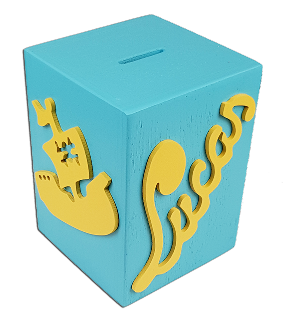 Tirelire personnalisée en bois avec motif couleur turquoise