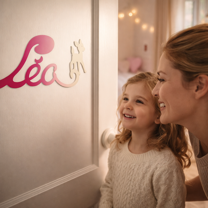 Plaque de Porte Personnalisée Enfant - Motif Faon - Couleur Framboise/Ecru