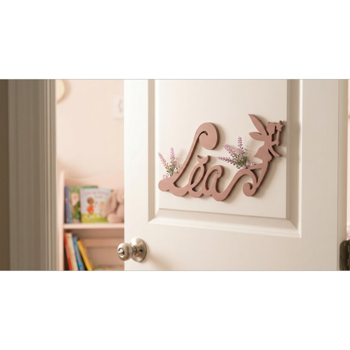 Nouvelle Plaque de Porte - Motif Fée - Couleur Rose Taupe