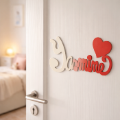 Plaque de Porte Personnalisée en Bois - Motif Cœur - Couleur Ecru/Rouge