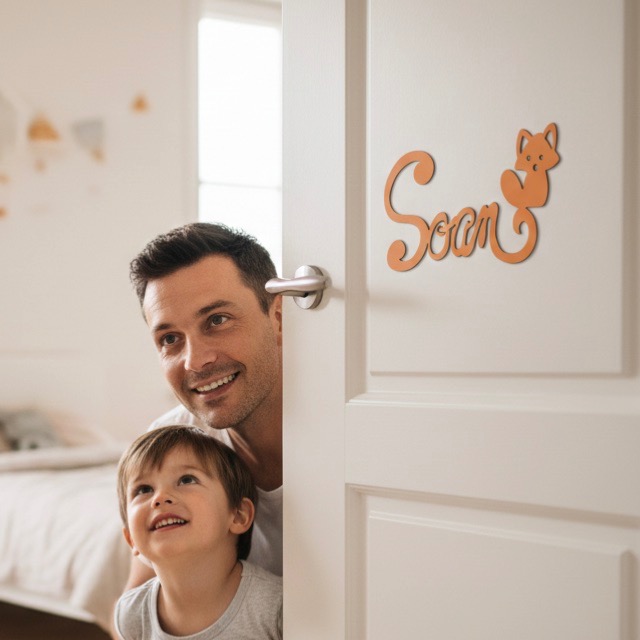 Plaque de Porte Personnalisée en Bois - Motif Renard - Couleur Orange