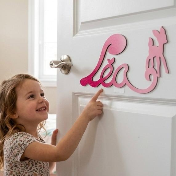 Plaque de Porte Personnalisée Enfant - Motif Faon - Couleur Framboise/Lilas
