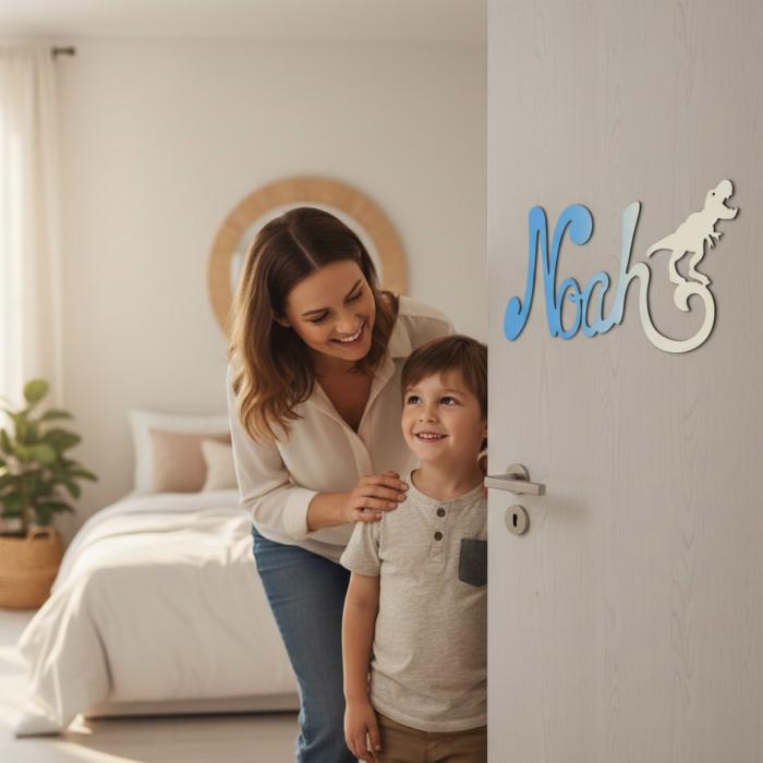 Plaque de Porte - motif Dino - Couleur Bleu/Ecru