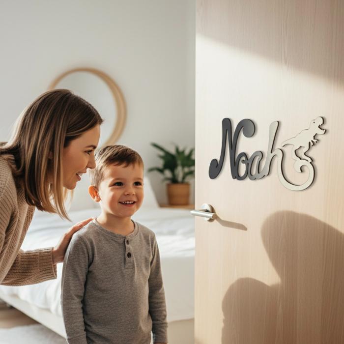 Plaque de Porte - motif Dino - Couleur Anthracite/Ecru