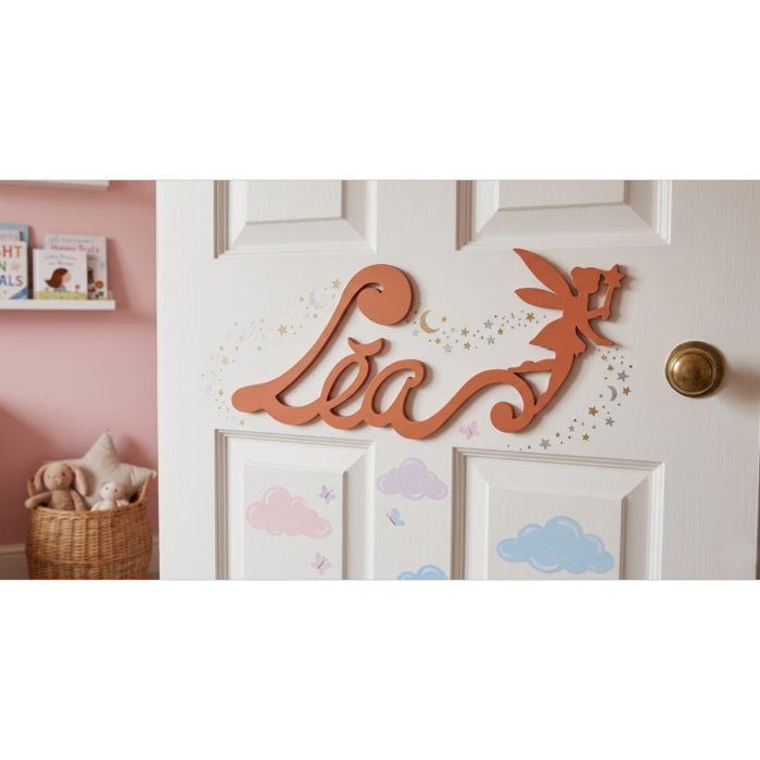 Nouvelle Plaque de Porte - Motif Fée - Couleur Bois de Cannelle