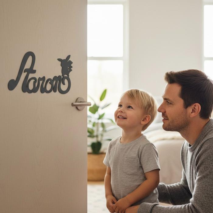 Plaque de Porte Personnalisée en Bois - Motif Pikachu - Couleur Anthracite